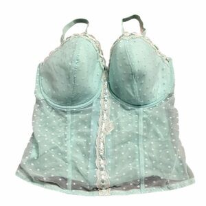 Y2K European Vintage Polka Dot Mesh Lace Bustier Corset (Sea Foam/White) 38E/XL